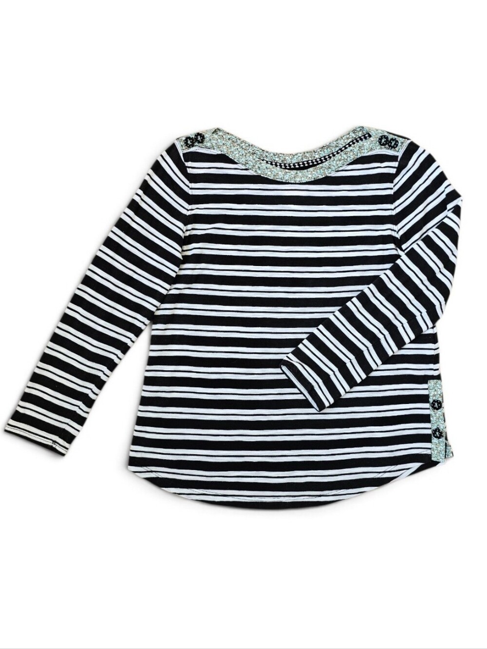 Anthropologie Nautical Cottagecore Black White Striped Floral Trim Tee, Size M